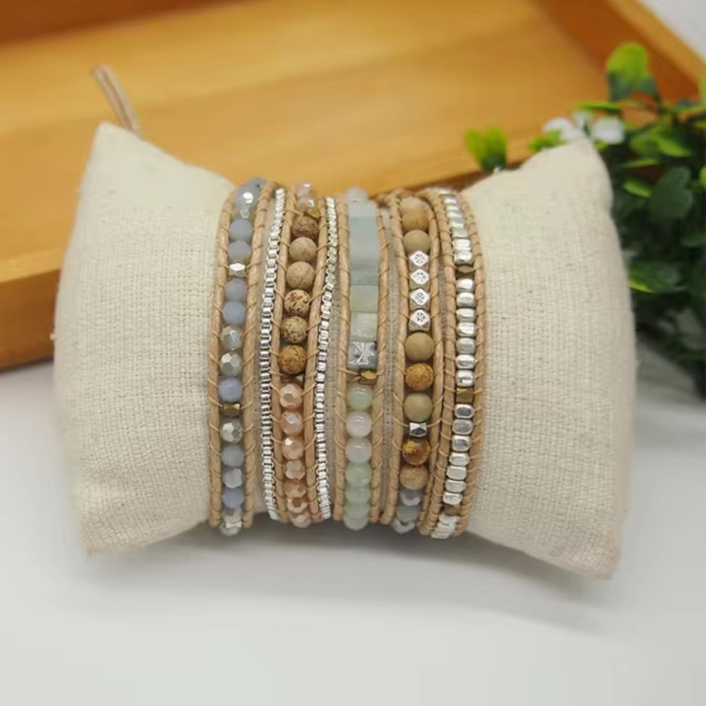 NWOT Handmade Natural Amazonite and Jasper Stone Wrap Boho Bracelet - Picture 4 of 4